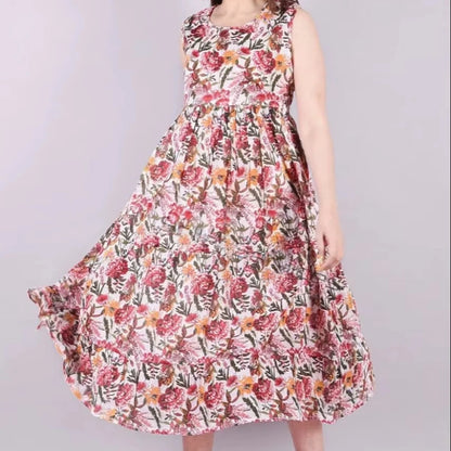 Women Eco-Friendly Washable Breathable Floral Print Sleeveless Mandarin Collar Cotton Maxi Dress Natural Waist Summer Casual