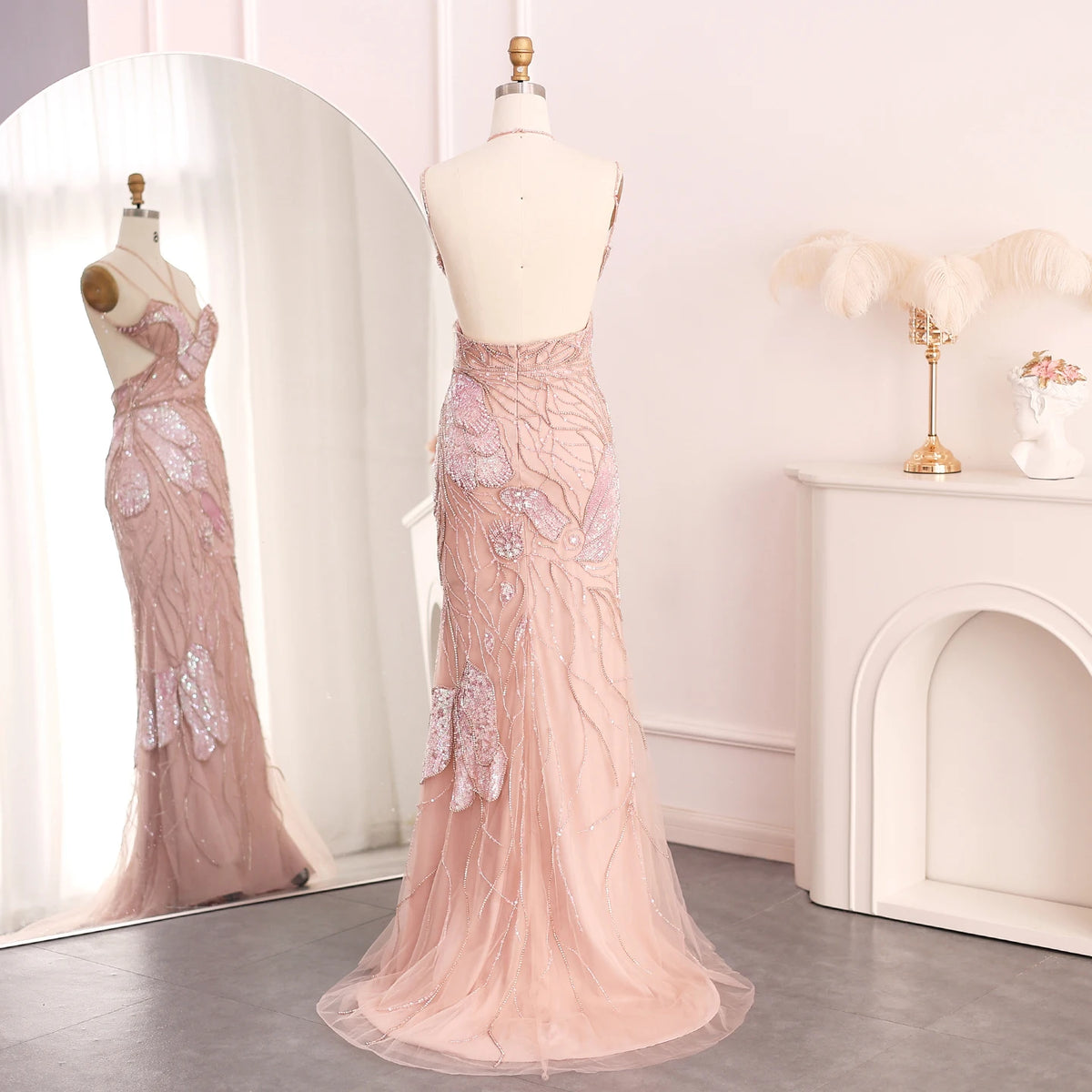Sharon Said SS478 Luxury Spaghetti Straps Mermaid Pink Evening Dresses With Feathers Scarf Wedding Dress Pink Ready to Ship