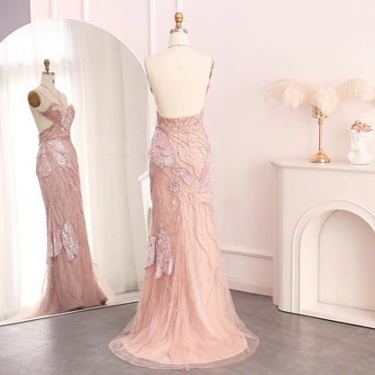 Sharon Said SS478 Luxury Spaghetti Straps Mermaid Pink Evening Dresses With Feathers Scarf Wedding Dress Pink Ready to Ship