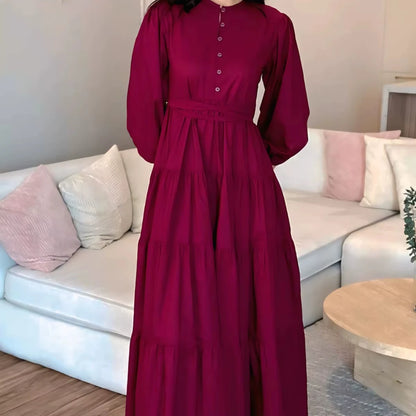 Women's Sweet Tiered Maxi Dress Long Sleeves Button-Down Design Cotton Lawn Chiffon Belt Casual Summer Natural Waist A-Line