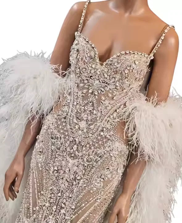 Women's Elegant Fishtail Evening Club Dress Premium Quality Luxury Fashion Rhinestone Hollow Feather Slim Hip Design Direct