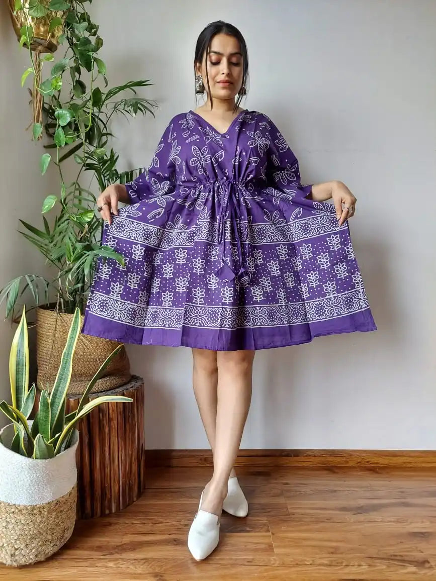 Custom made Ethnic Print Cotton Kaftan Mini Dress-V-Neck with Adjustable Waist suitable for boutique clients and resellers