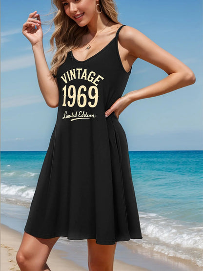 Women's U-Neck Strap Loose Waist Knee-Length A-Line Breathable Soft Polyester Spandex Blend Letter Print Personalized Dress