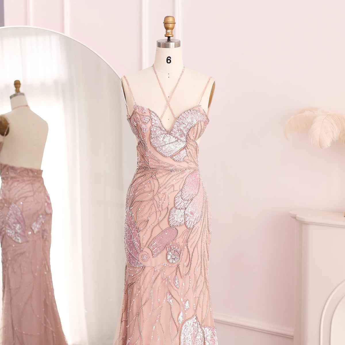 Sharon Said SS478 Luxury Spaghetti Straps Mermaid Pink Evening Dresses With Feathers Scarf Wedding Dress Pink Ready to Ship