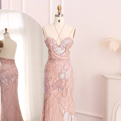 Sharon Said SS478 Luxury Spaghetti Straps Mermaid Pink Evening Dresses With Feathers Scarf Wedding Dress Pink Ready to Ship
