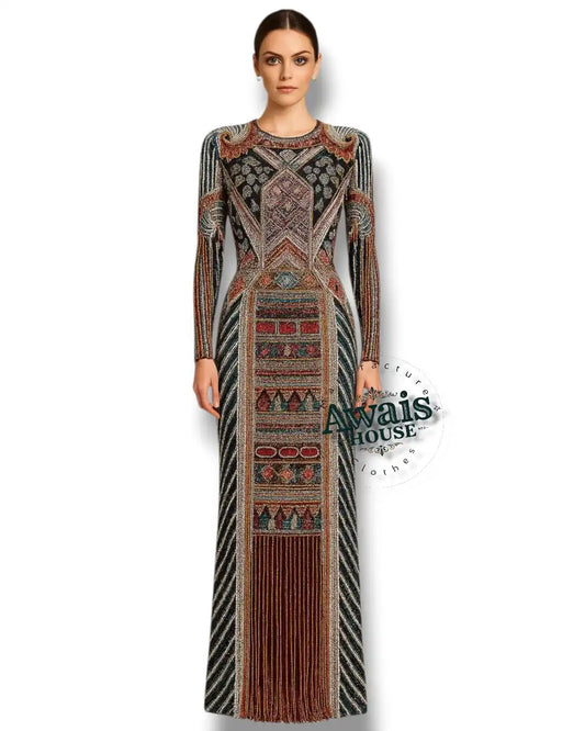 Elegant Luxury A-Line Bridal Gown O-Neck Regular Sleeve Empire Waist Floor-Length Crystal Embroidery Flowers Pearls Diamonds