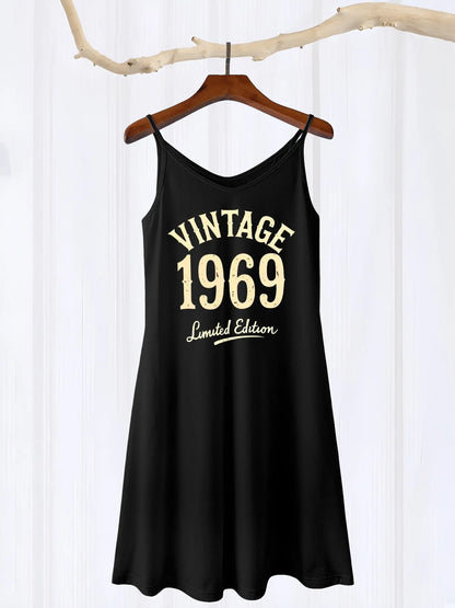 Women's U-Neck Strap Loose Waist Knee-Length A-Line Breathable Soft Polyester Spandex Blend Letter Print Personalized Dress