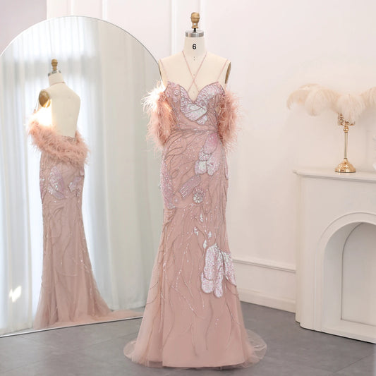Sharon Said SS478 Luxury Spaghetti Straps Mermaid Pink Evening Dresses With Feathers Scarf Wedding Dress Pink Ready to Ship