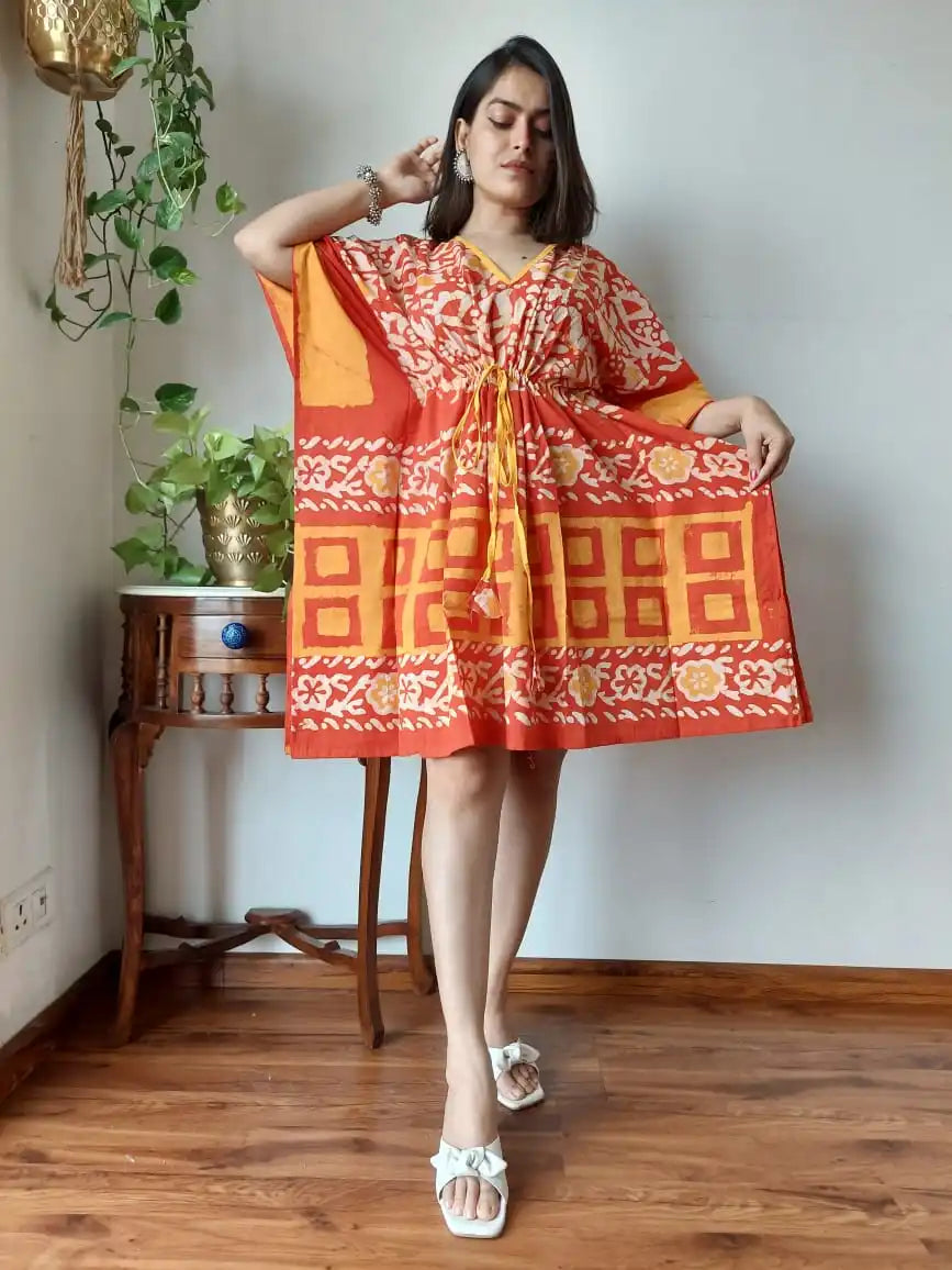 Custom made Ethnic Print Cotton Kaftan Mini Dress-V-Neck with Adjustable Waist suitable for boutique clients and resellers