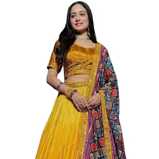 Gorgeous Modern Yellow Lehenga Choli New Arrival O-Neck Designer Semi-Stitched Floor-Length Silk Lace Wedding Party Wear Haldi