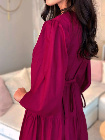 Women's Sweet Tiered Maxi Dress Long Sleeves Button-Down Design Cotton Lawn Chiffon Belt Casual Summer Natural Waist A-Line