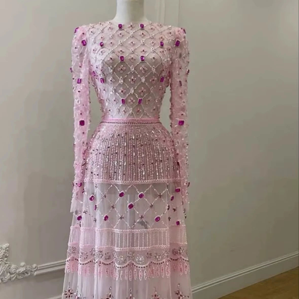 Premium Luxury Crystal Pearl Flowers Embroidery Beaded Floor-Length A-Line Empire Waist O-Neck Built-in Bra Imported Tulle