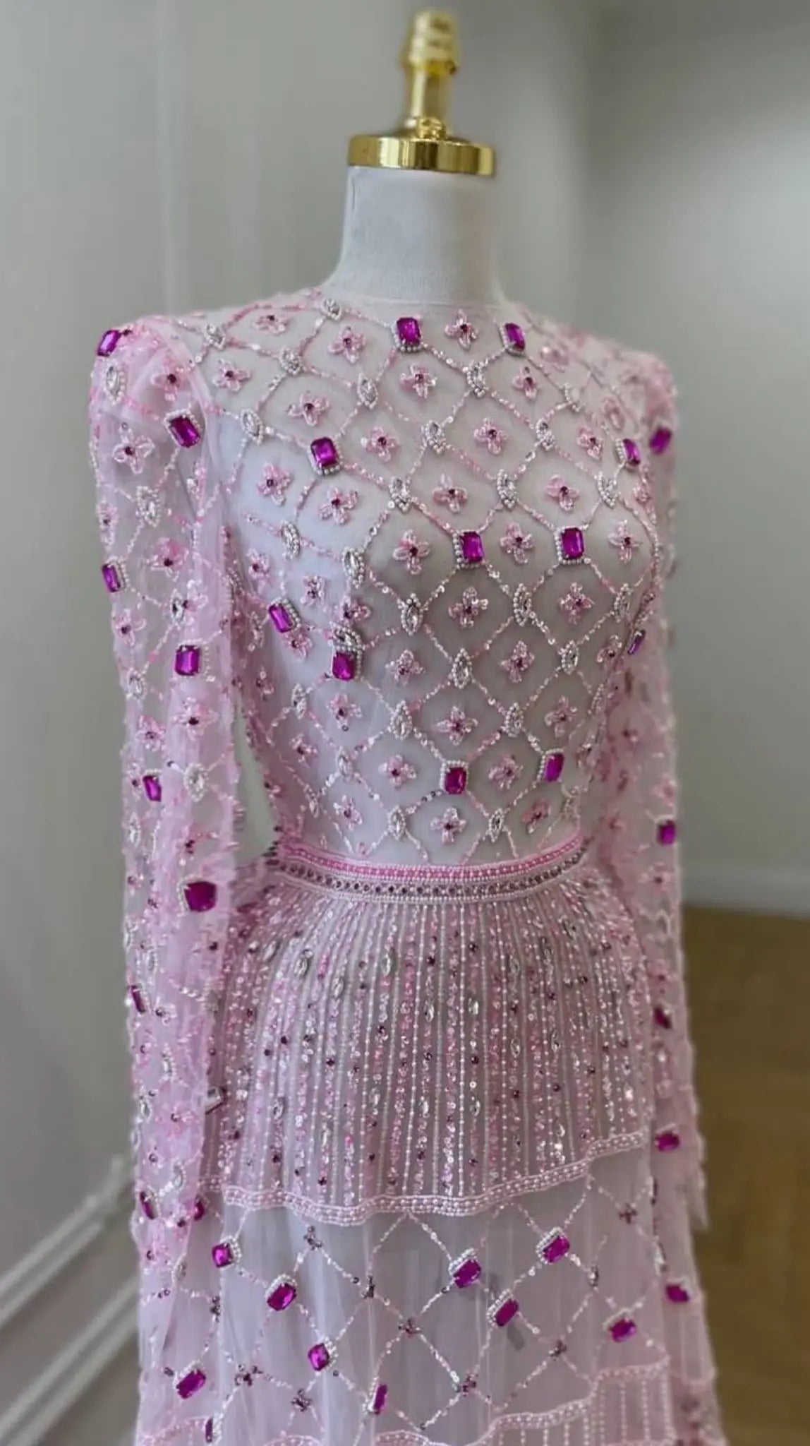 Premium Luxury Crystal Pearl Flowers Embroidery Beaded Floor-Length A-Line Empire Waist O-Neck Built-in Bra Imported Tulle
