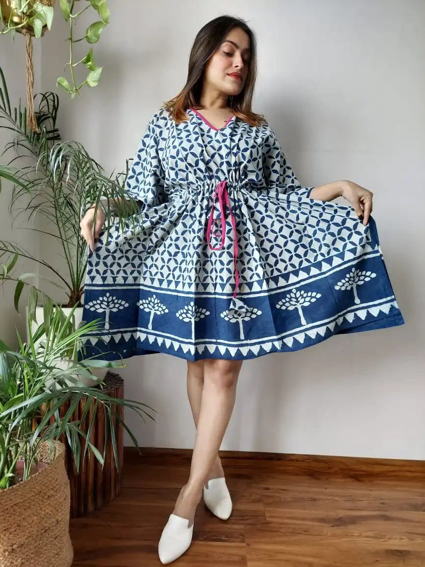 Custom made Ethnic Print Cotton Kaftan Mini Dress-V-Neck with Adjustable Waist suitable for boutique clients and resellers