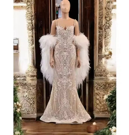 Women's Elegant Fishtail Evening Club Dress Premium Quality Luxury Fashion Rhinestone Hollow Feather Slim Hip Design Direct