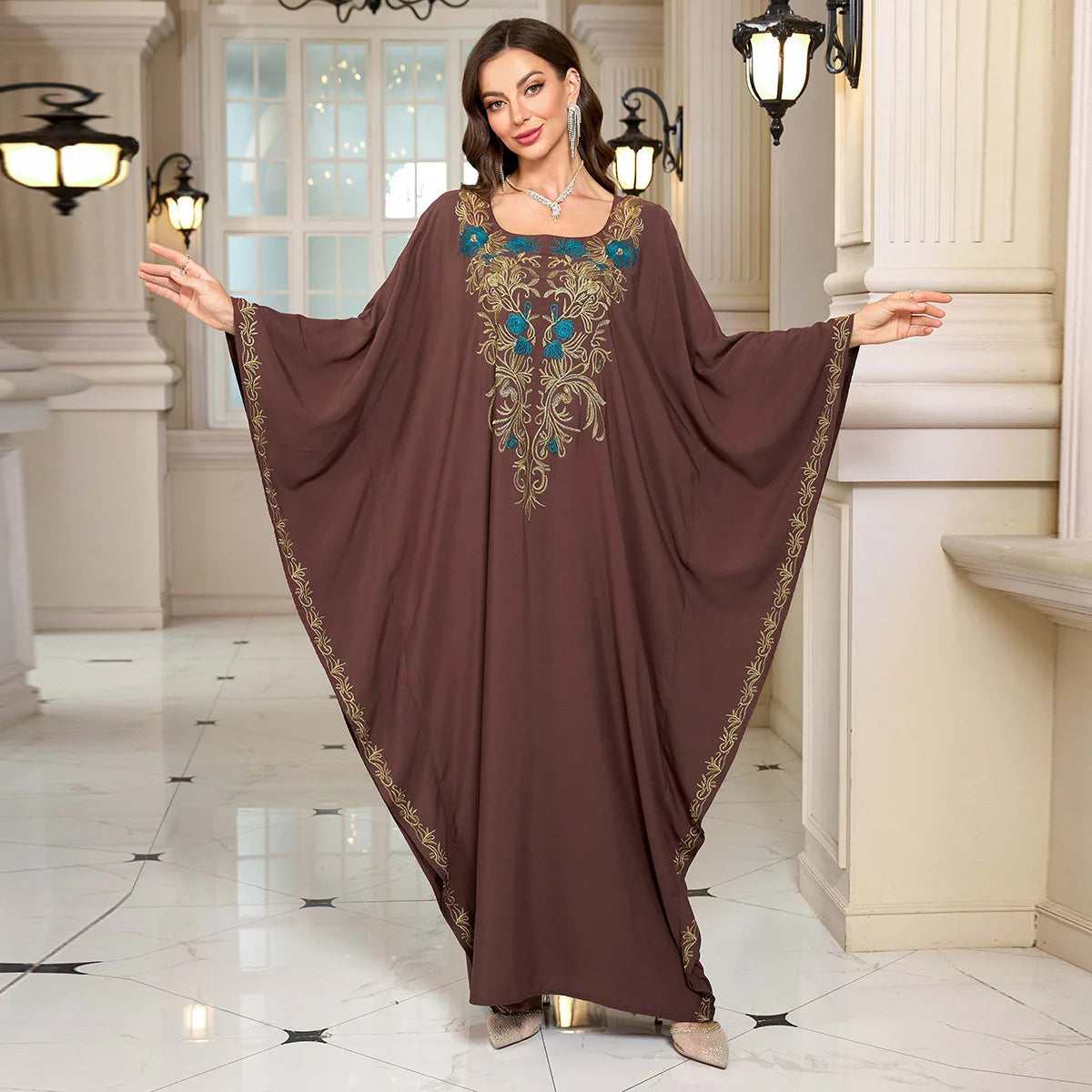 Beach Abaya in Rayon with Gold Embroidery and Batwing Sleeves for Vacation Available on for (24 Colors) L4125