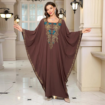 Beach Abaya in Rayon with Gold Embroidery and Batwing Sleeves for Vacation Available on for (24 Colors) L4125