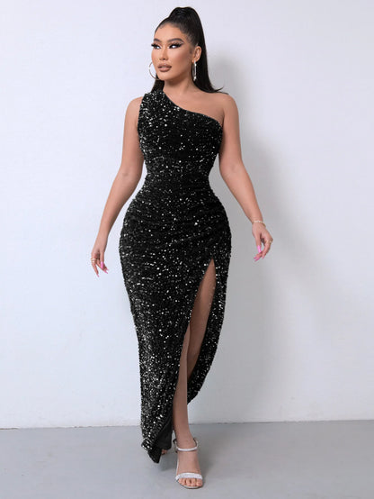 Liu Ming High End Sexy One Shoulder Backless Club Party High Split Sleeveless Elegant Sequin Long Bodycon Dress for Women