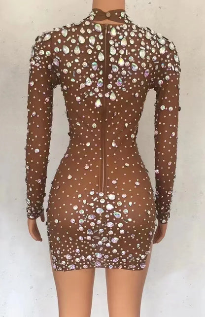Luxury Transparent High Slit Crystal Club Hip Wrapped Dress Jazz Singer Dance Stage Costume Women Birthday Party Prom Dresses