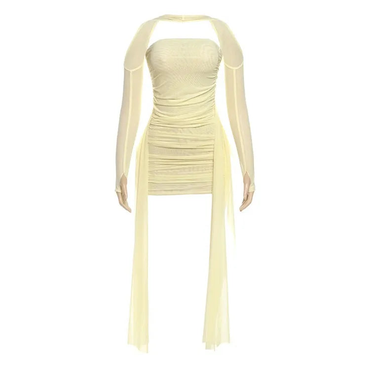 Valentine Mesh Women Mini Dress Fashion Solid Strapless Ribbons Tassel Body-shaping Vestidos+Seperately Full Sleeve Gloves