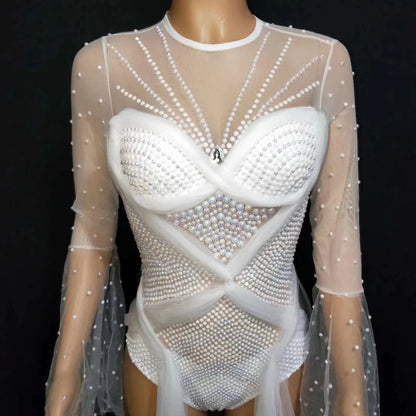 Designer See Through White Pearls Birthday Wedding Party Dress Jazz Singer Dancer Stage Costume Women Sexy Trailing Prom Dresses