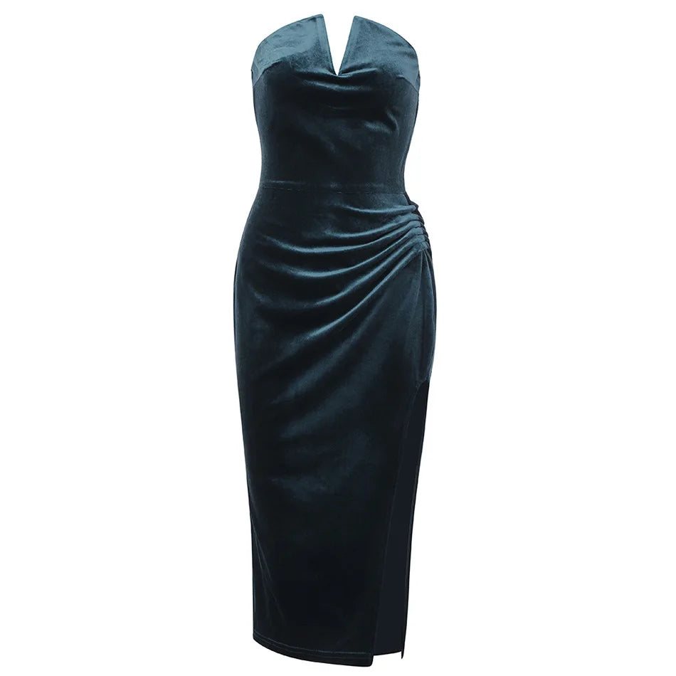 R30409S 2022 Spring and Summer New Ladies Velvet Tube Top V-neck Irregular Slit Mid-length Dress High-end Clothing Black Dress