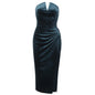R30409S 2022 Spring and Summer New Ladies Velvet Tube Top V-neck Irregular Slit Mid-length Dress High-end Clothing Black Dress