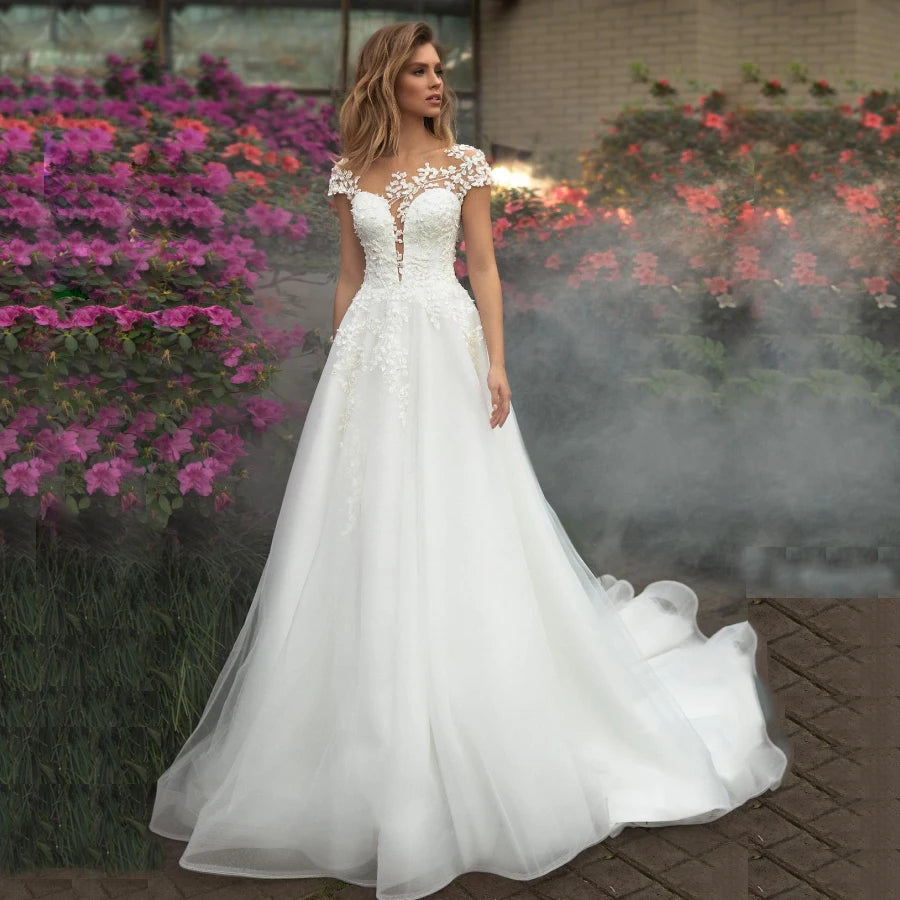 FA198 Elegant Wedding Dress Short Sleeves Wedding Gowns Tulle Applique White Bride Dress Vestido De Noiva Sweep Train