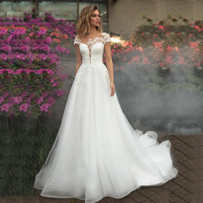 FA198 Elegant Wedding Dress Short Sleeves Wedding Gowns Tulle Applique White Bride Dress Vestido De Noiva Sweep Train