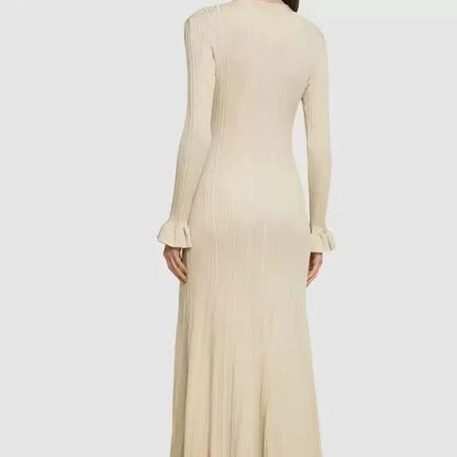 Women's Casual Elegant V-Neck Knitted Maxi Skirt for Winter Autumn Flared Fishtail Dress with Solid Pencil Washable