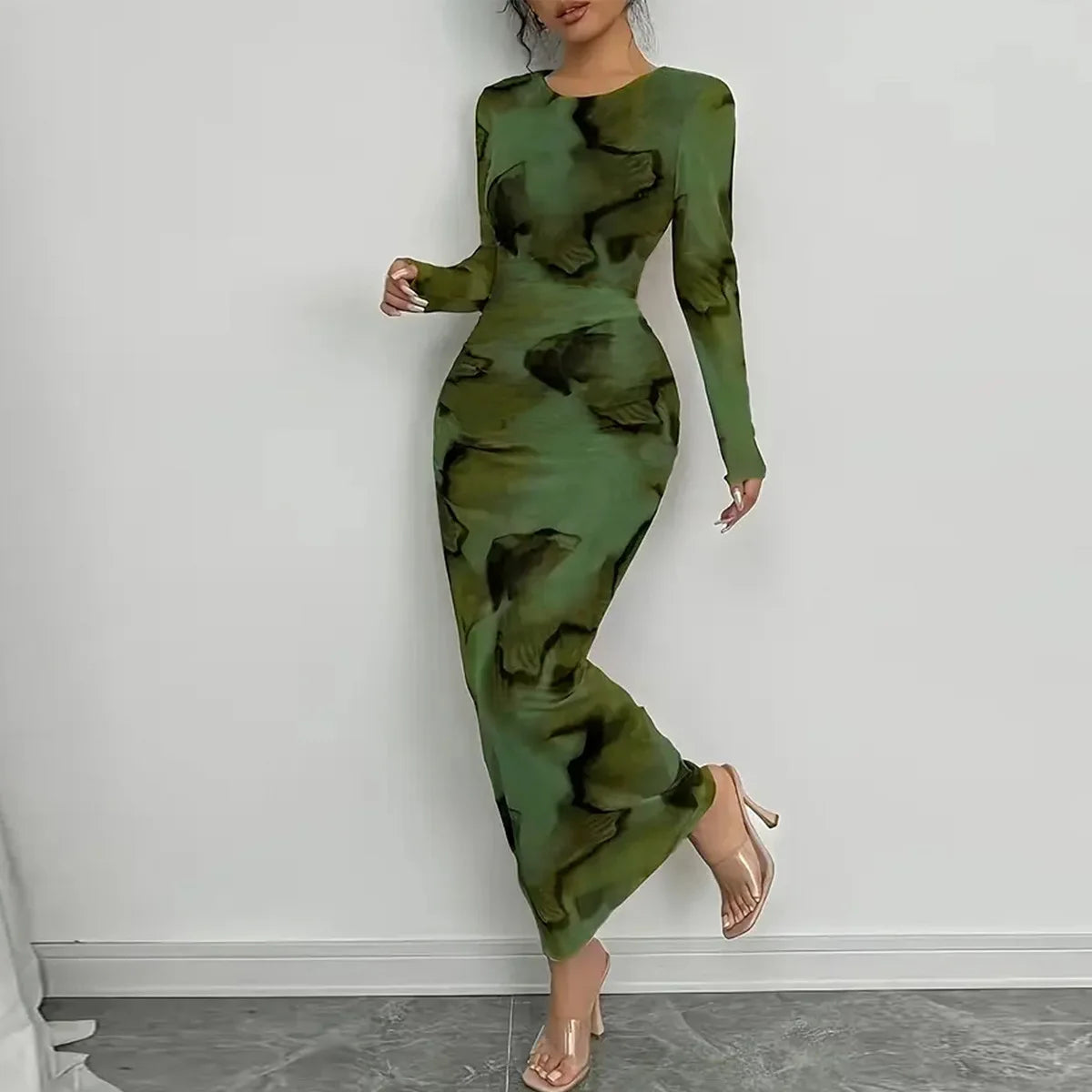 BR6013 Women's Vintage Printed Stretchy Dress Empire Waist Crew Neck Long Skirt Anti-Static Polyester Spandex