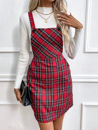2026 New Women's Spring/Summer Mini Elegant Plaid Square Neck Sleeveless Striped Casual Breathable Natural Waist A-Line Pockets