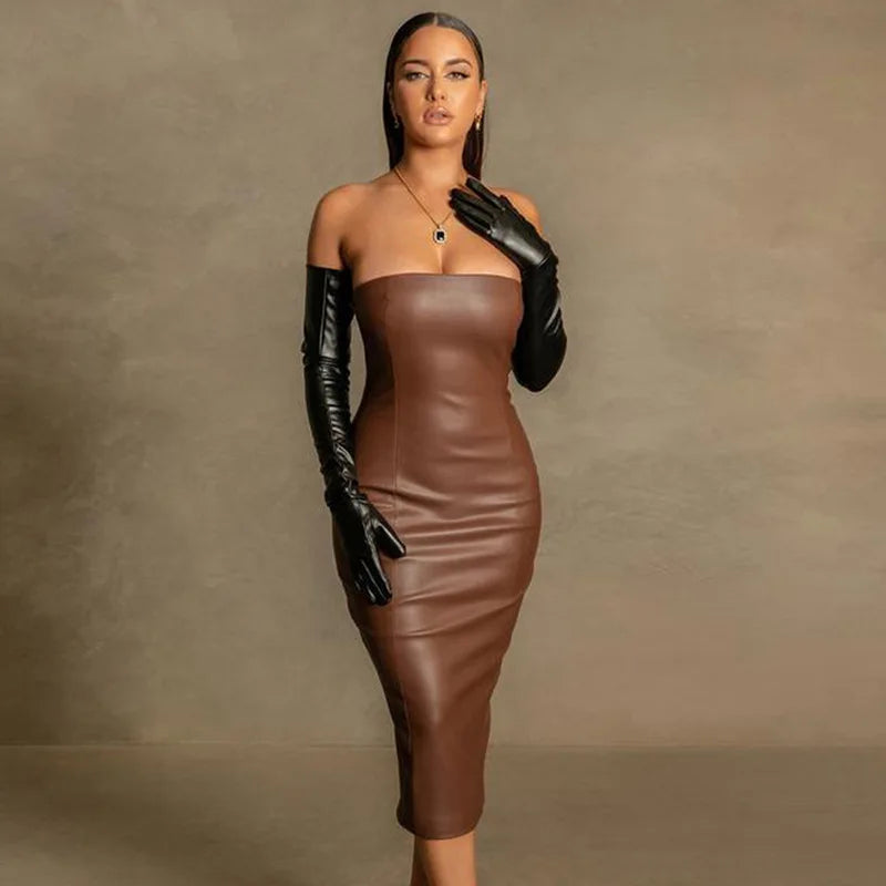 Wholesale Fashion Elegant Strapless Zipper Sexy Pu Leather Formal Midi Dresses for Ladies