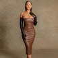 Wholesale Fashion Elegant Strapless Zipper Sexy Pu Leather Formal Midi Dresses for Ladies