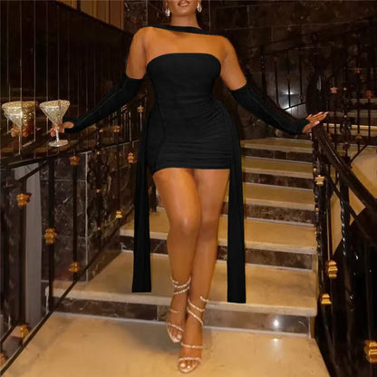 Valentine Mesh Women Mini Dress Fashion Solid Strapless Ribbons Tassel Body-shaping Vestidos+Seperately Full Sleeve Gloves