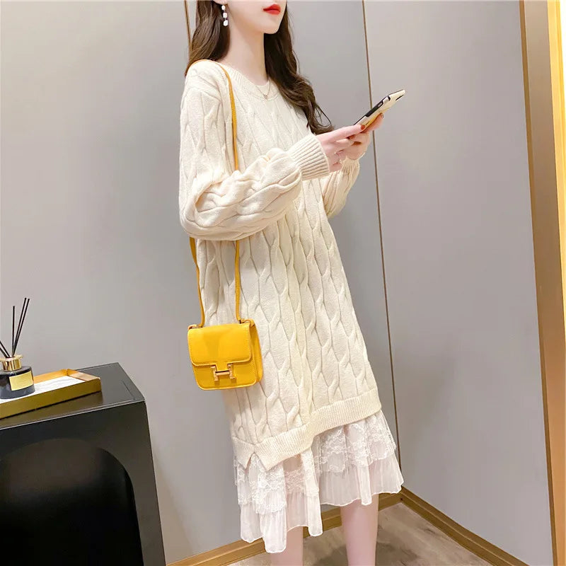 Wholesale 2026 Autumn and Winter New Lace Stitching Sweater Dress Women Loose Elegant Temperament Women Dress