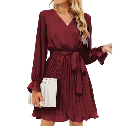 Elegant Casual V-Neck Pleated Mini Dress with Belt Women's Long Sleeve Fashion Dress Solid Pattern Natural Waistline