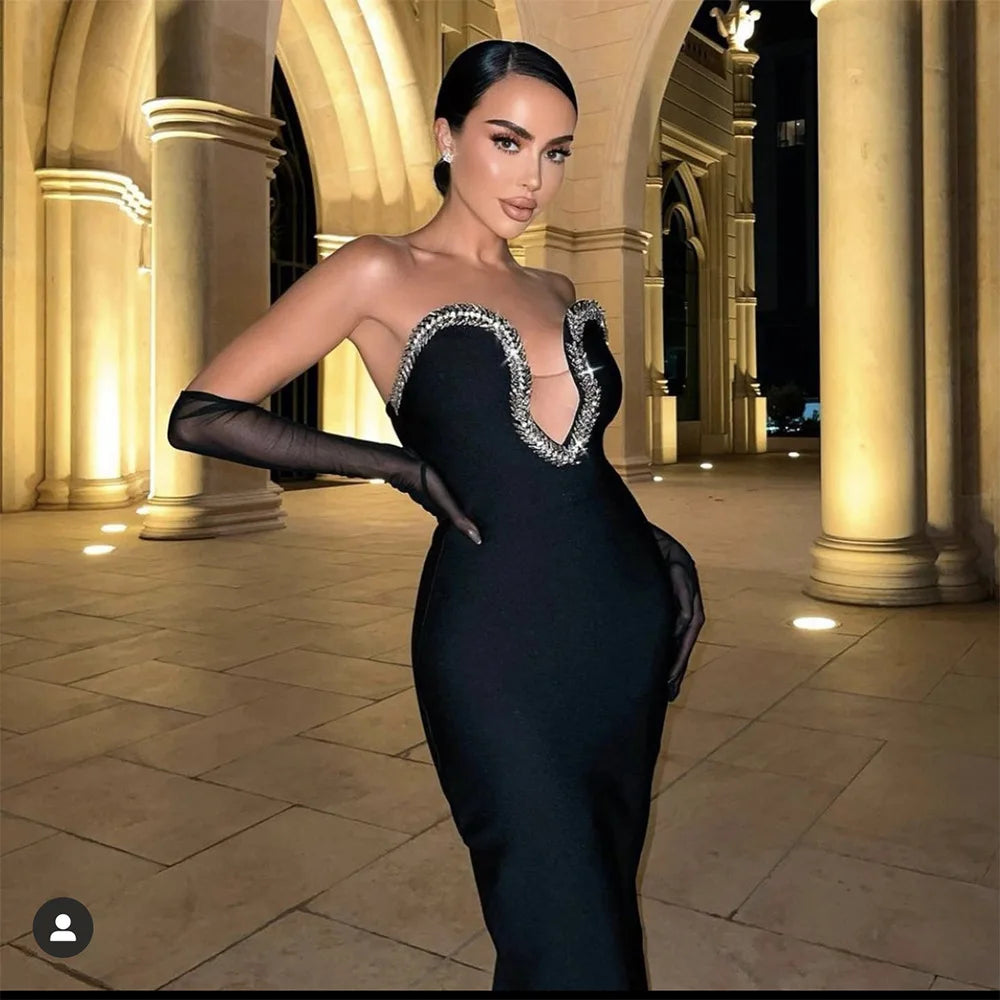 Vestido Elegant Black Strapless Crystal Birthday Wedding Party Long Gown Women Bridal Prom Dress Plus Size Maxi Evening Dresses