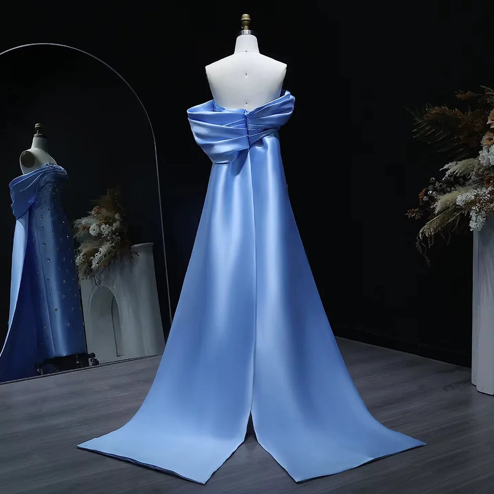 Elegant Off Shoulder Blue Satin Evening Dress With Overskirt Crystal White Midi Wedding Party Gowns Lsz270