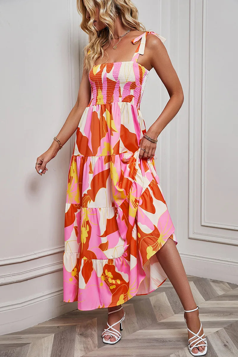 Summer Rayon Women Dress Dot Printing Elegant Dresses Smocking Backless Spaghetti Strap Dress
