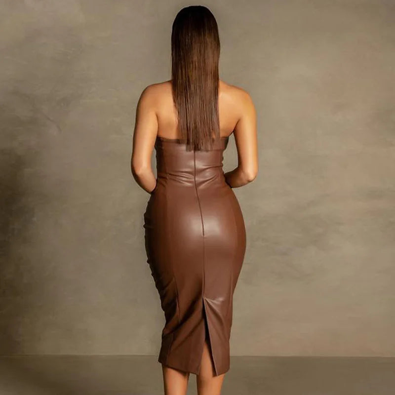 Wholesale Fashion Elegant Strapless Zipper Sexy Pu Leather Formal Midi Dresses for Ladies