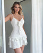 French Elegant White Lace Patchwork Halter Neck Dress Women Waist Cut Out Slim Fit Bodycon Party Dress