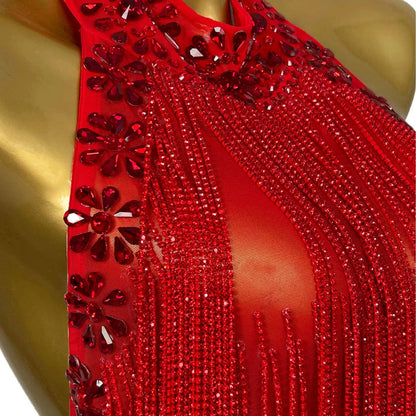 Diamond Birthday Party Dress Latin Dance Wear Women Backless Crystal Prom Night Club Mini Dress Tassel Sexy Party Evening Dress
