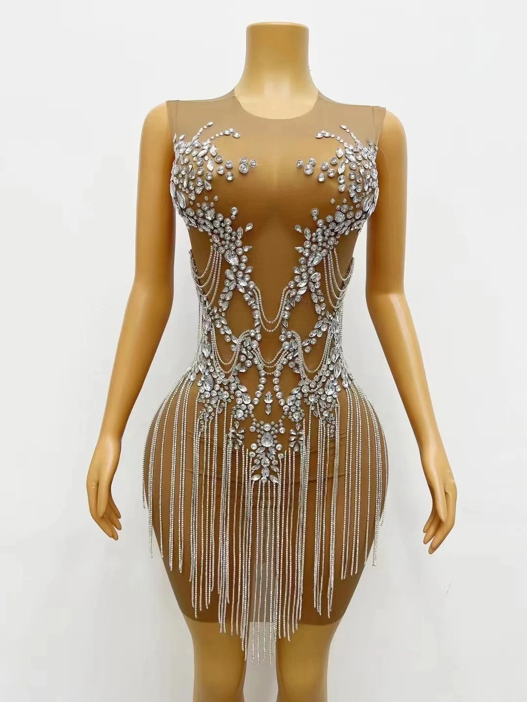 Sexy Transparent Crystal Tassel Sequin Cocktail Night Club Party Mini Dress Plus Size Dinner Gown Women Dancer Wear Prom Dress