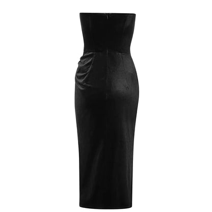 R30409S 2022 Spring and Summer New Ladies Velvet Tube Top V-neck Irregular Slit Mid-length Dress High-end Clothing Black Dress