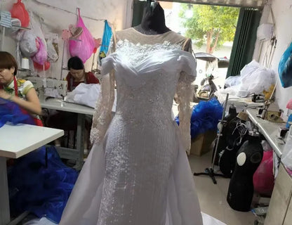 Modern 2-in-1 Plus Size Wedding Dress with Detachable Train New Design African Lace Decorations