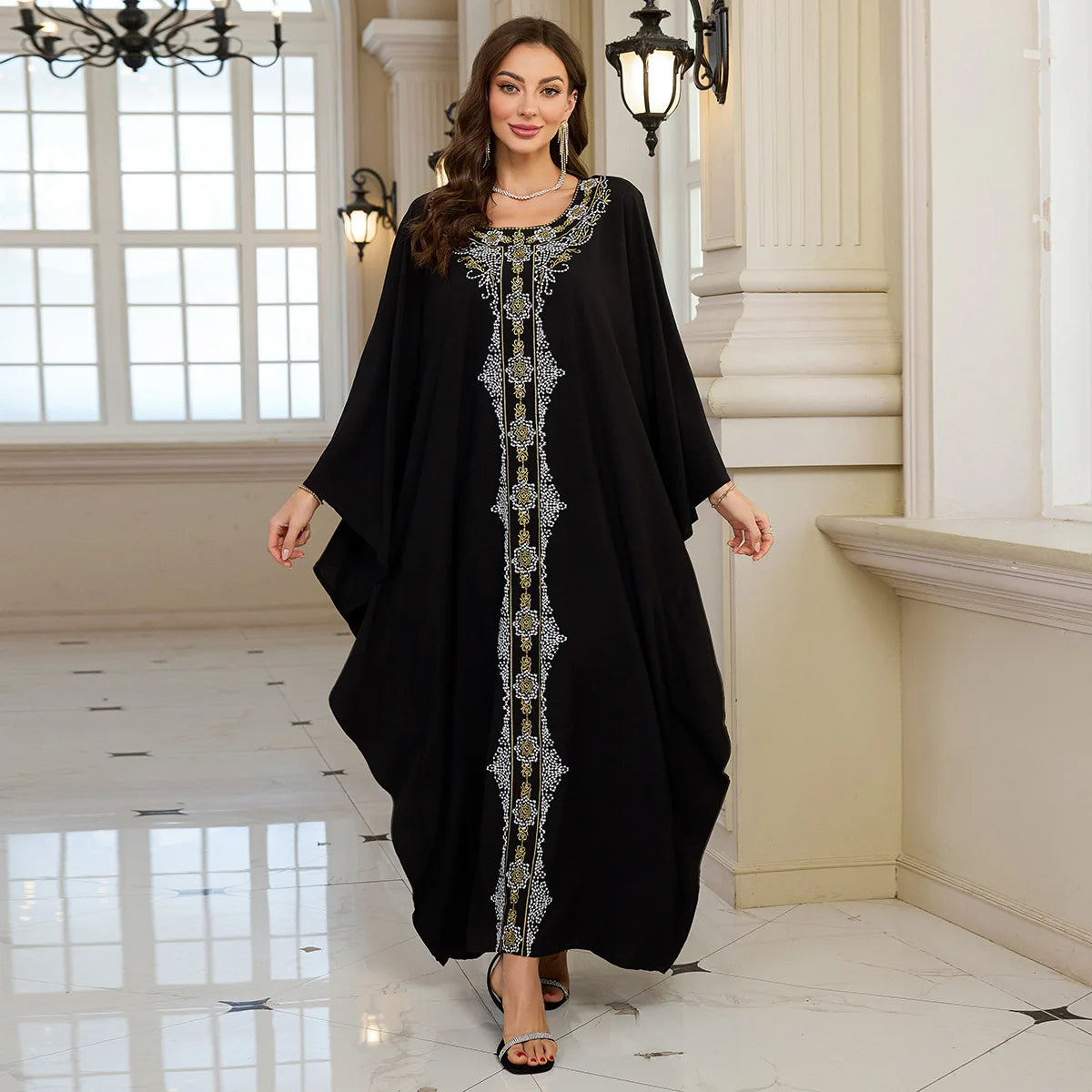 Beach Abaya in Rayon with Gold Embroidery and Batwing Sleeves for Vacation Available on for (24 Colors) L4125