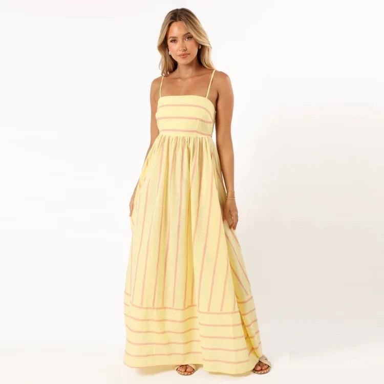 Enyami S-XL Summer Beach Holiday Boho Elegant Striped Sexy Back Design Long Sleeveless A-line Vacation Maxi Slip Women Dress