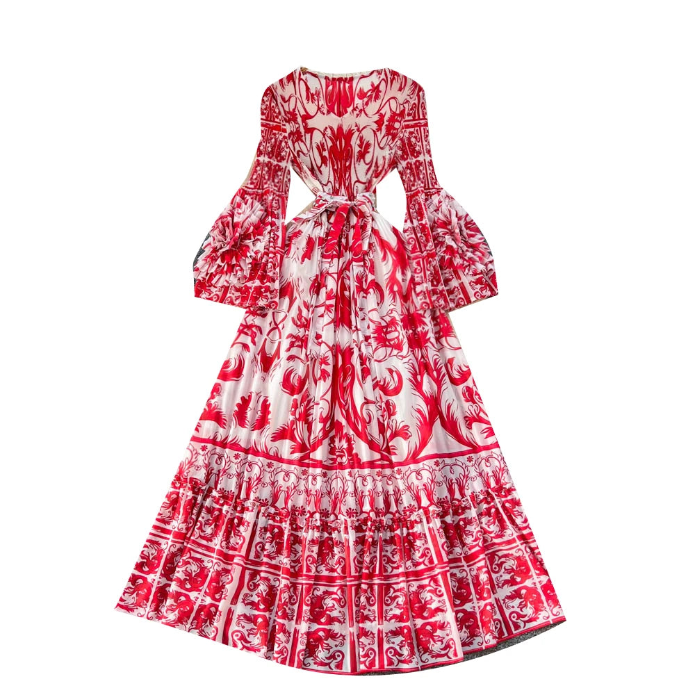 2026 Summer Roman V-Neck Casual Maxi Dress for Women Empire Printed Dress