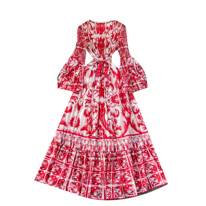 2026 Summer Roman V-Neck Casual Maxi Dress for Women Empire Printed Dress